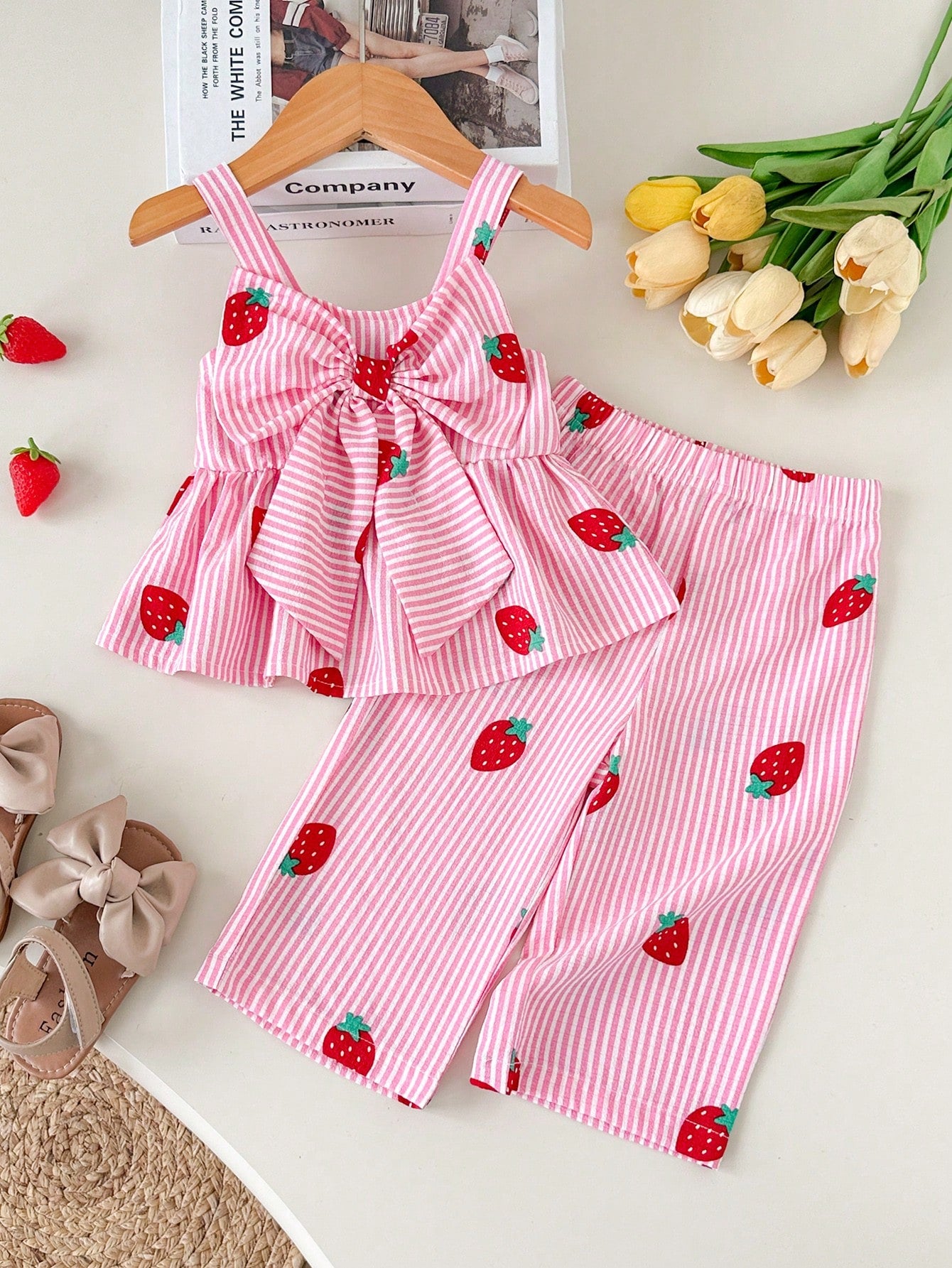 2pcs/Set Baby Girls' Sweet Cute Blue And White Stripe Strawberry Print Bow Decor Sleeveless Top & Wide Leg Pants Set Summer Vacation Casual Outfits