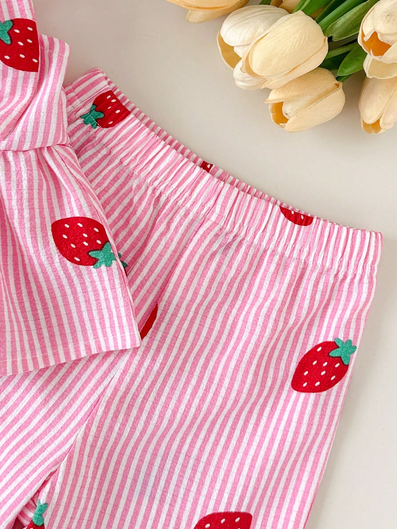 2pcs/Set Baby Girls' Sweet Cute Blue And White Stripe Strawberry Print Bow Decor Sleeveless Top & Wide Leg Pants Set Summer Vacation Casual Outfits