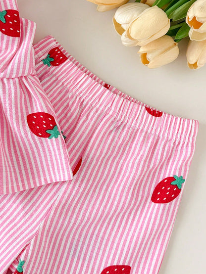 2pcs/Set Baby Girls' Sweet Cute Blue And White Stripe Strawberry Print Bow Decor Sleeveless Top & Wide Leg Pants Set Summer Vacation Casual Outfits