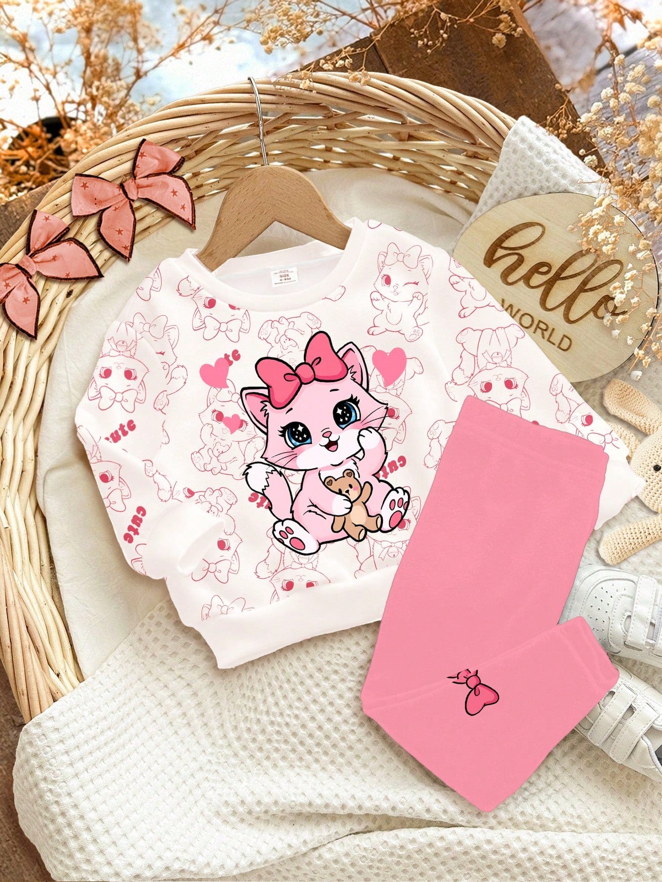 2pcs/Set Baby Girls' White Winter Cute Matching Family Outfit,Cartoon Bow, & Heart Print Long Sleeve Autumn Sweatshirt And Leggings,Soft Casual Wear