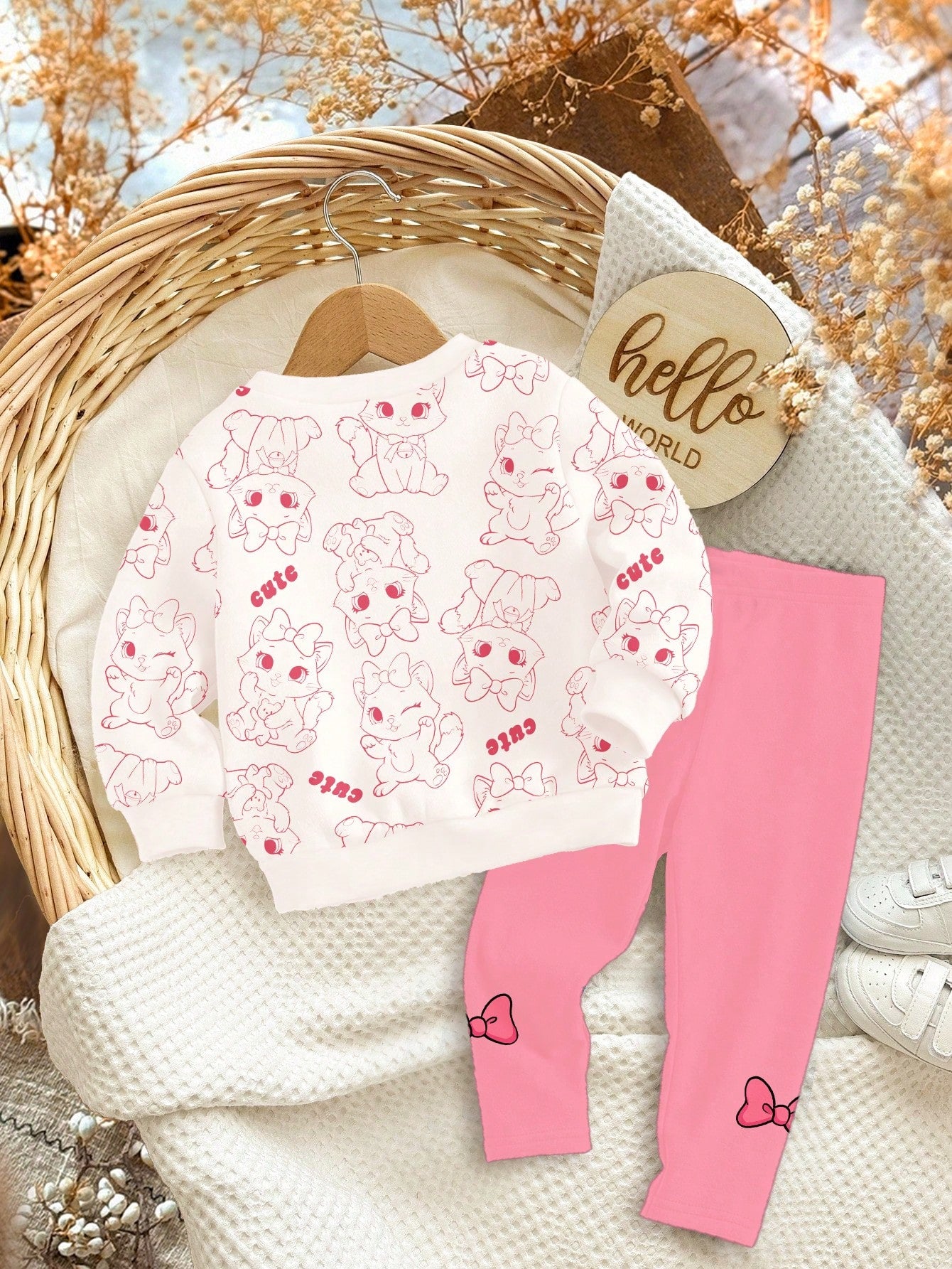 2pcs/Set Baby Girls' White Winter Cute Matching Family Outfit,Cartoon Bow, & Heart Print Long Sleeve Autumn Sweatshirt And Leggings,Soft Casual Wear