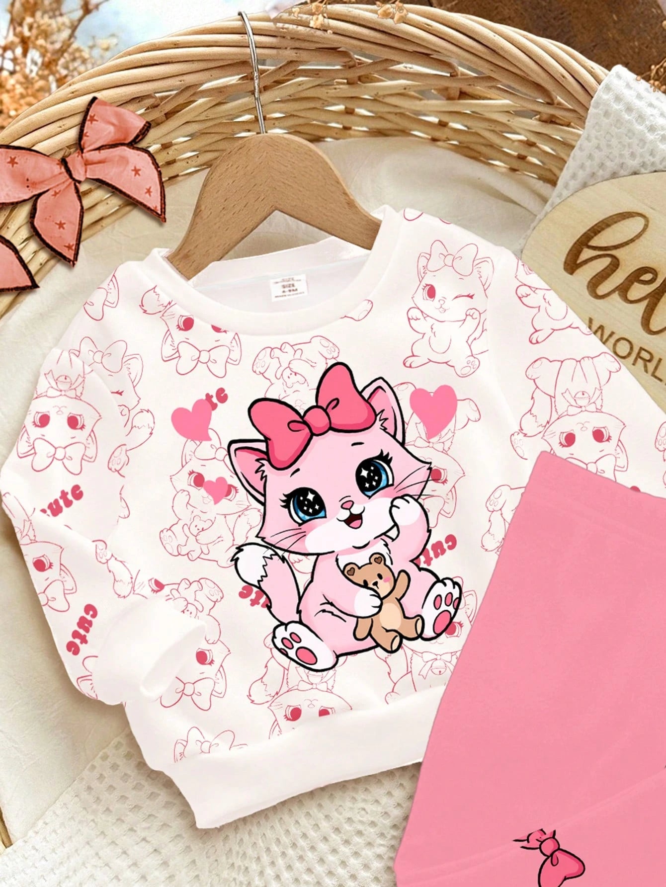 2pcs/Set Baby Girls' White Winter Cute Matching Family Outfit,Cartoon Bow, & Heart Print Long Sleeve Autumn Sweatshirt And Leggings,Soft Casual Wear