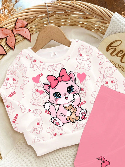 2pcs/Set Baby Girls' White Winter Cute Matching Family Outfit,Cartoon Bow, & Heart Print Long Sleeve Autumn Sweatshirt And Leggings,Soft Casual Wear