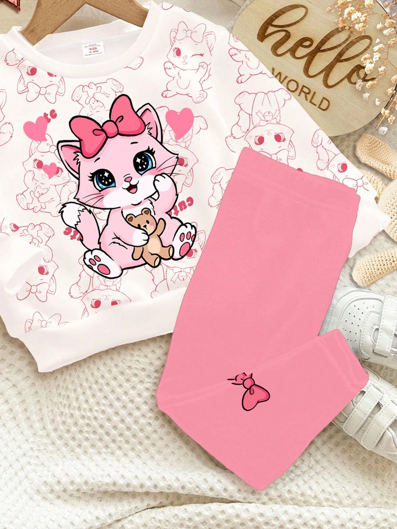 2pcs/Set Baby Girls' White Winter Cute Matching Family Outfit,Cartoon Bow, & Heart Print Long Sleeve Autumn Sweatshirt And Leggings,Soft Casual Wear