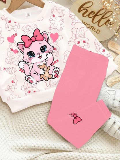 2pcs/Set Baby Girls' White Winter Cute Matching Family Outfit,Cartoon Bow, & Heart Print Long Sleeve Autumn Sweatshirt And Leggings,Soft Casual Wear