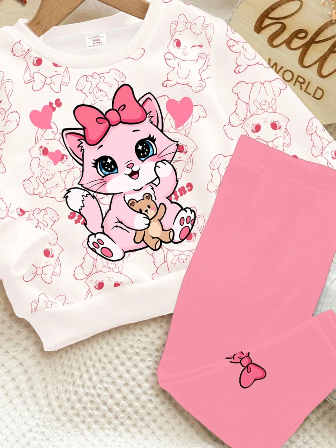 2pcs/Set Baby Girls' White Winter Cute Matching Family Outfit,Cartoon Bow, & Heart Print Long Sleeve Autumn Sweatshirt And Leggings,Soft Casual Wear