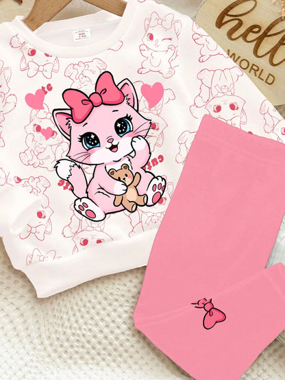 2pcs/Set Baby Girls' White Winter Cute Matching Family Outfit,Cartoon Bow, & Heart Print Long Sleeve Autumn Sweatshirt And Leggings,Soft Casual Wear