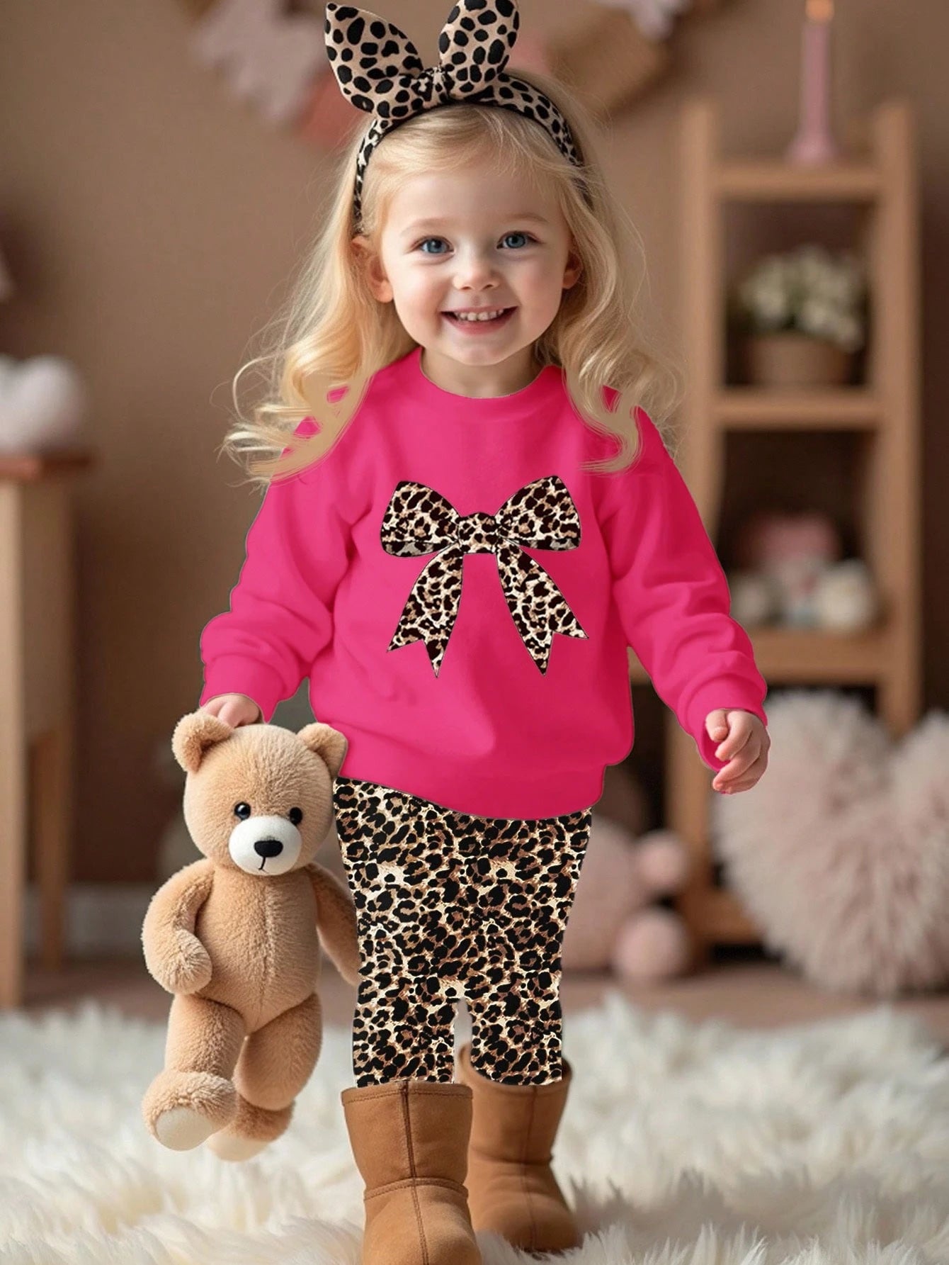 2pcs/Set Baby Girls' White Winter Cute Matching Family Outfit,Cartoon Bow, & Heart Print Long Sleeve Autumn Sweatshirt And Leggings,Soft Casual Wear