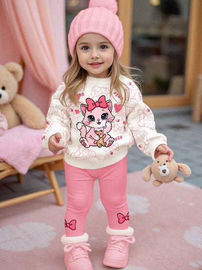 2pcs/Set Baby Girls' White Winter Cute Matching Family Outfit,Cartoon Bow, & Heart Print Long Sleeve Autumn Sweatshirt And Leggings,Soft Casual Wear
