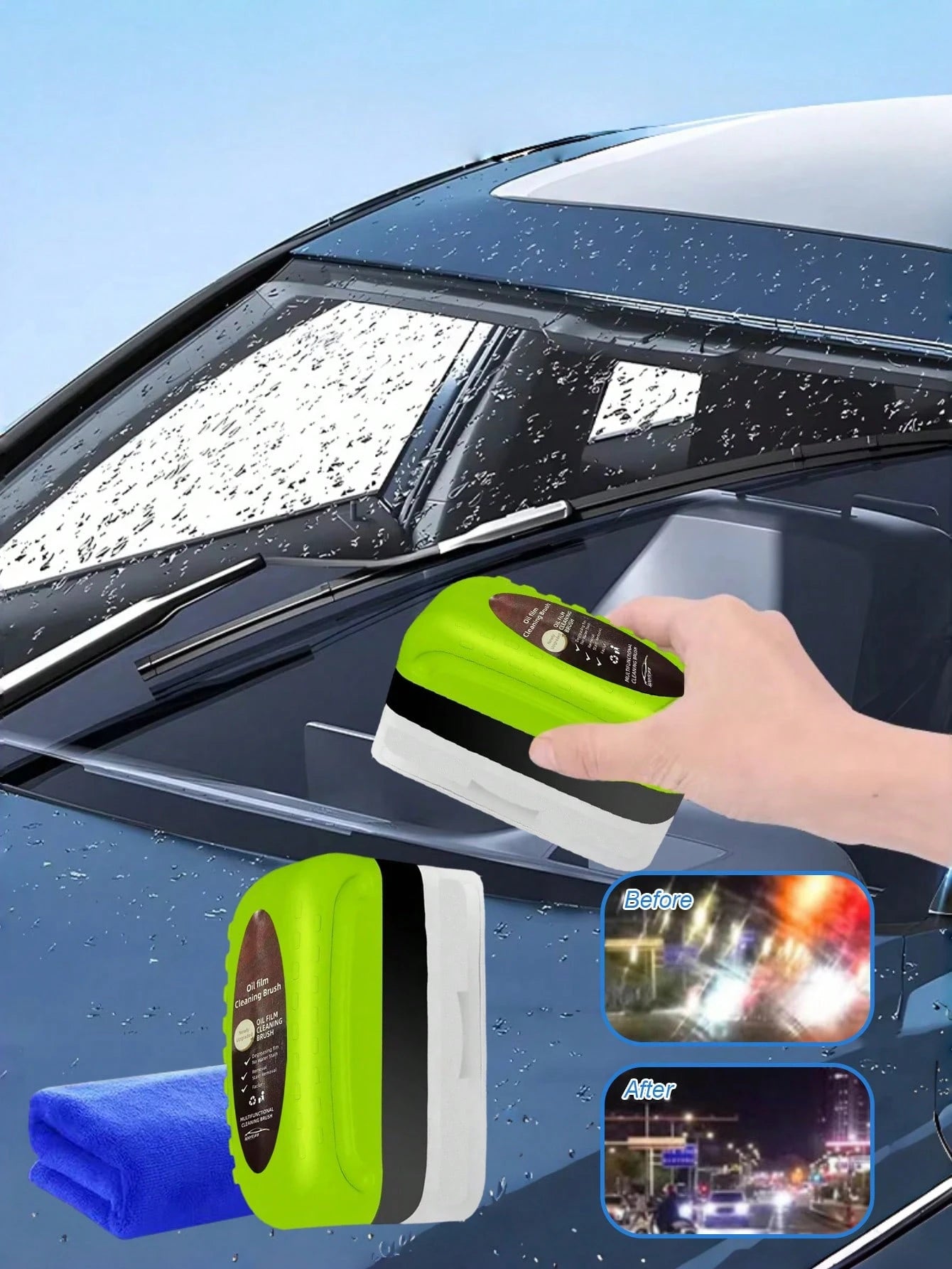 2pcs/Set Car Windshield Anti-Fog Kit- ABS Resin Cleaning Brush With Applicator Sponge And Microfiber Cloth, Removes Oil, Water Stains And Fog, Improves Visibility, Universal For Windshield, Side Wind