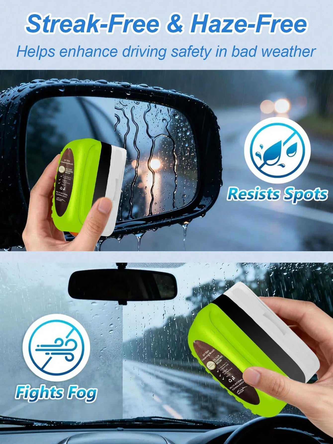 2pcs/Set Car Windshield Anti-Fog Kit- ABS Resin Cleaning Brush With Applicator Sponge And Microfiber Cloth, Removes Oil, Water Stains And Fog, Improves Visibility, Universal For Windshield, Side Wind