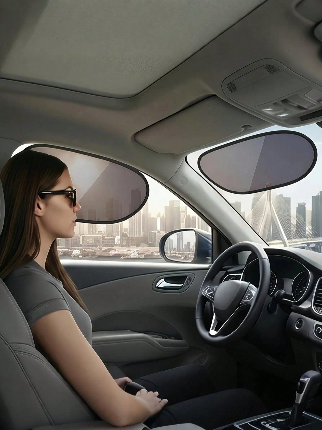 2pcs/Set Car Windshield Side Window Sun Shade- Static Cling Dark Transparent Film, Suitable For Low Angle Sunlight, Provides UV Protection And Ventilation, Easy To Install And Remove, For Driver And