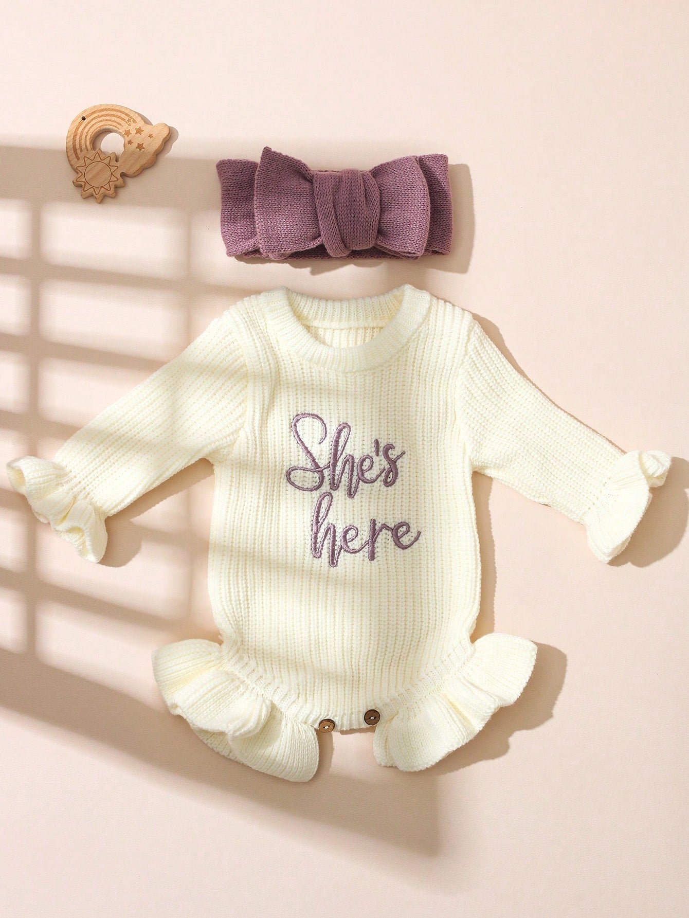 2Pcs Set Dusty Pink Autumn Funny Graphic Newborn Photography Outfits With Matching Bow Headband Knitting Baby Girl Bodysuit Photo Shoot Props