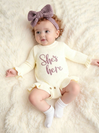2Pcs Set Dusty Pink Autumn Funny Graphic Newborn Photography Outfits With Matching Bow Headband Knitting Baby Girl Bodysuit Photo Shoot Props