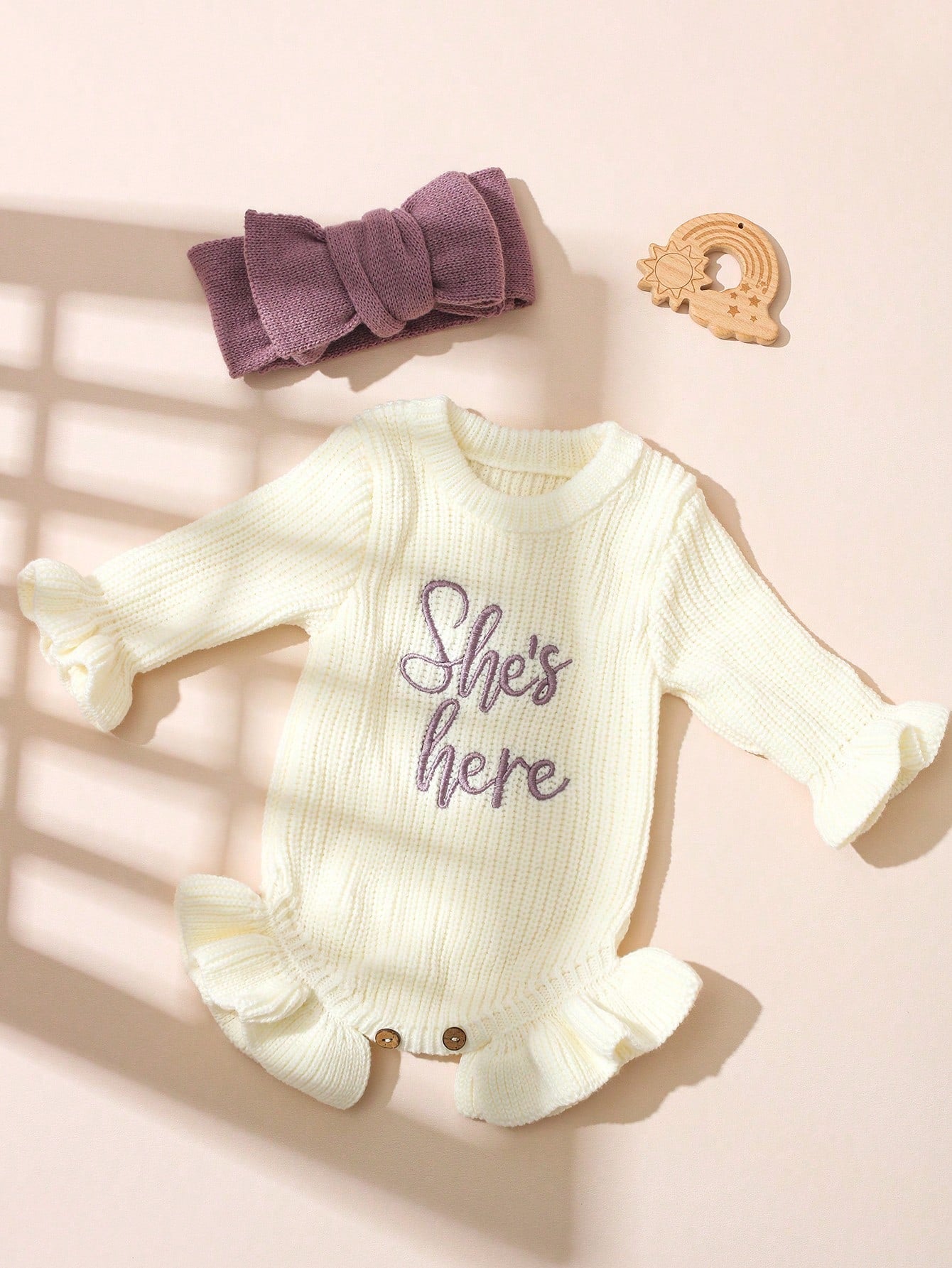 2Pcs Set Dusty Pink Autumn Funny Graphic Newborn Photography Outfits With Matching Bow Headband Knitting Baby Girl Bodysuit Photo Shoot Props