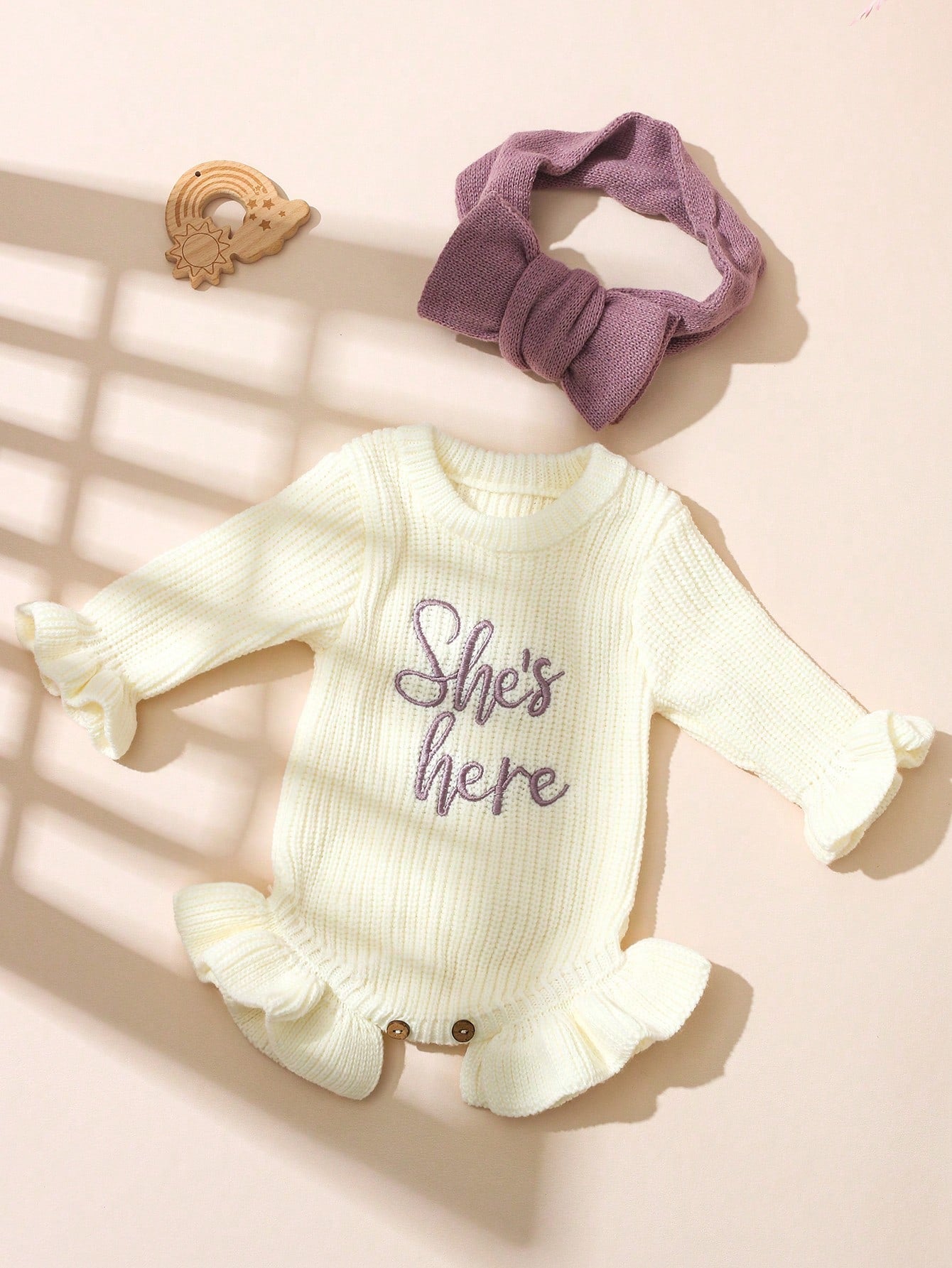 2Pcs Set Dusty Pink Autumn Funny Graphic Newborn Photography Outfits With Matching Bow Headband Knitting Baby Girl Bodysuit Photo Shoot Props