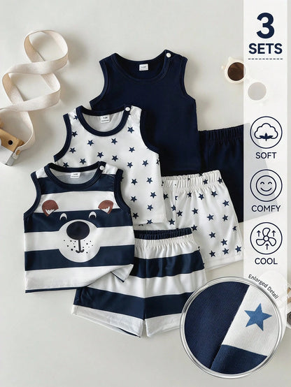 2pcs/Set Newborn Baby Boy Casual Fashion Minimalist Cute Dinosaur Print Sleeveless Top And Dinosaur Print Shorts Set, Suitable For Summer, Outings