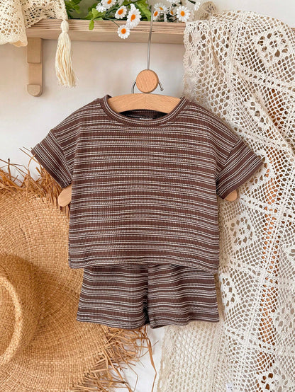 2pcs/Set Toddler Boys/Girls Casual Brown Striped Short Sleeve T-Shirt And Shorts Set, Summer