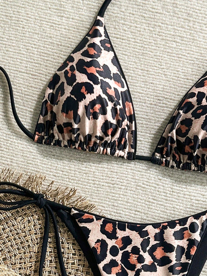 2pcs/Set Women's Leopard Print Spaghetti Strap Tie Sexy Bikini Swimwear, Suitable For Beach Vacation Summer, Resort Wear
