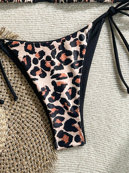 2pcs/Set Women's Leopard Print Spaghetti Strap Tie Sexy Bikini Swimwear, Suitable For Beach Vacation Summer, Resort Wear