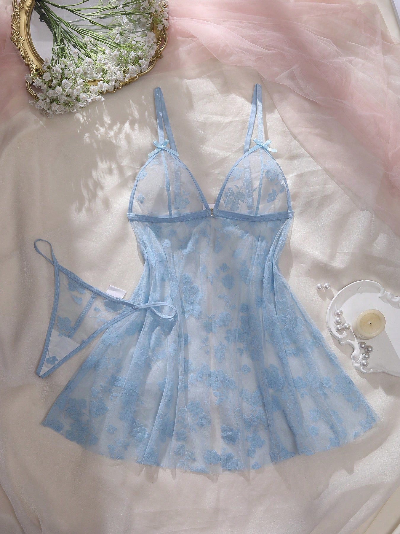 2pcs/Set Women's Sexy Floral Mesh Front Button Nightgown & Panty Set, Matching Color Lingerie Set For Valentine's Day, Date, Holiday, Party