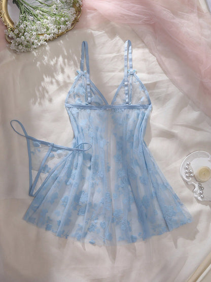 2pcs/Set Women's Sexy Floral Mesh Front Button Nightgown & Panty Set, Matching Color Lingerie Set For Valentine's Day, Date, Holiday, Party