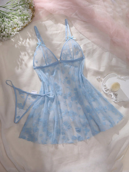2pcs/Set Women's Sexy Floral Mesh Front Button Nightgown & Panty Set, Matching Color Lingerie Set For Valentine's Day, Date, Holiday, Party