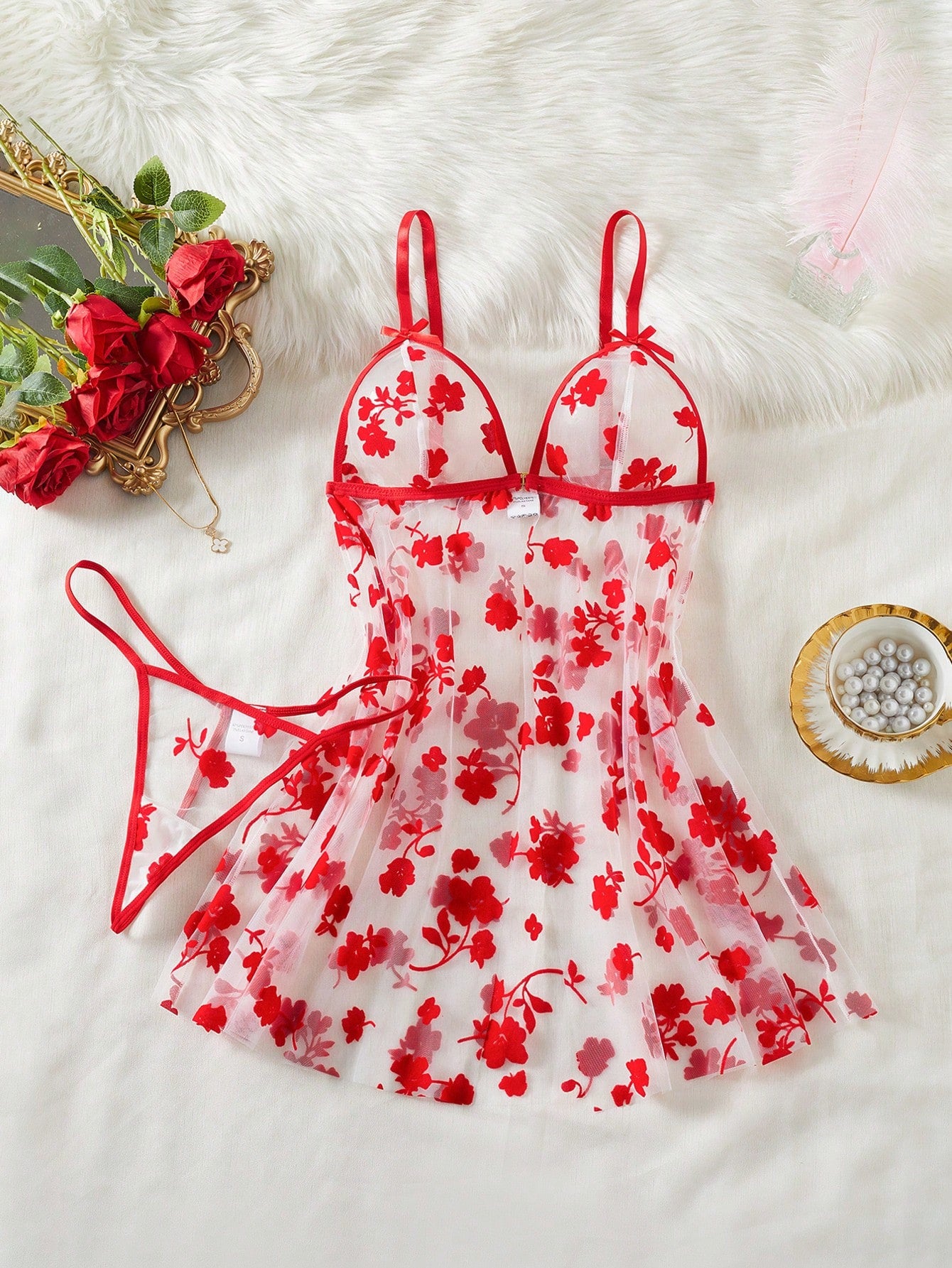 2pcs/Set Women's Sexy Floral Mesh Front Button Nightgown & Panty Set, Matching Color Lingerie Set For Valentine's Day, Date, Holiday, Party