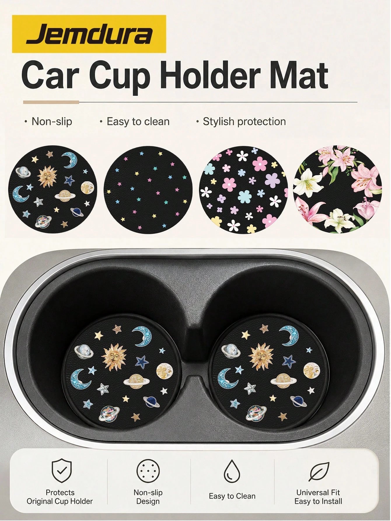 2pcs Star, Moon, Lily, Daisy Floral Print Leather Car Cup Holder Coasters, Non-Slip Round Cup Mat Design, Universal Car Cup Holder Liner, Easy To Clean Universal Car Cup Holder Liner, Suitable For Car