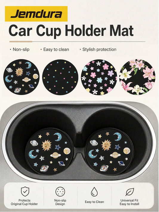 2pcs Star, Moon, Lily, Daisy Floral Print Leather Car Cup Holder Coasters, Non-Slip Round Cup Mat Design, Universal Car Cup Holder Liner, Easy To Clean Universal Car Cup Holder Liner, Suitable For Car