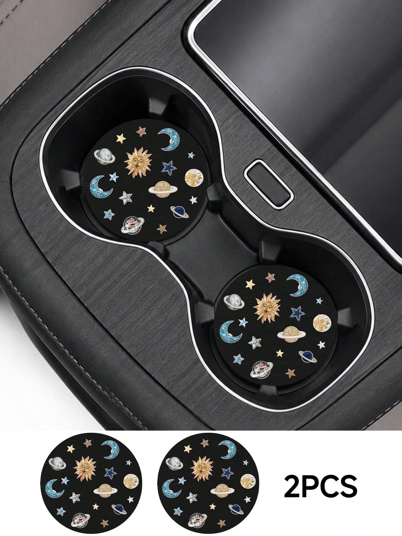2pcs Star, Moon, Lily, Daisy Floral Print Leather Car Cup Holder Coasters, Non-Slip Round Cup Mat Design, Universal Car Cup Holder Liner, Easy To Clean Universal Car Cup Holder Liner, Suitable For Car
