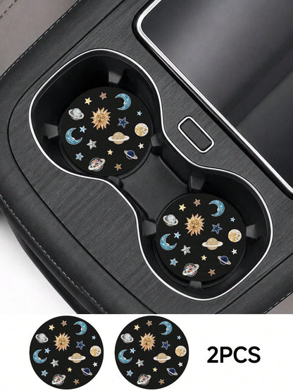 2pcs Star, Moon, Lily, Daisy Floral Print Leather Car Cup Holder Coasters, Non-Slip Round Cup Mat Design, Universal Car Cup Holder Liner, Easy To Clean Universal Car Cup Holder Liner, Suitable For Car