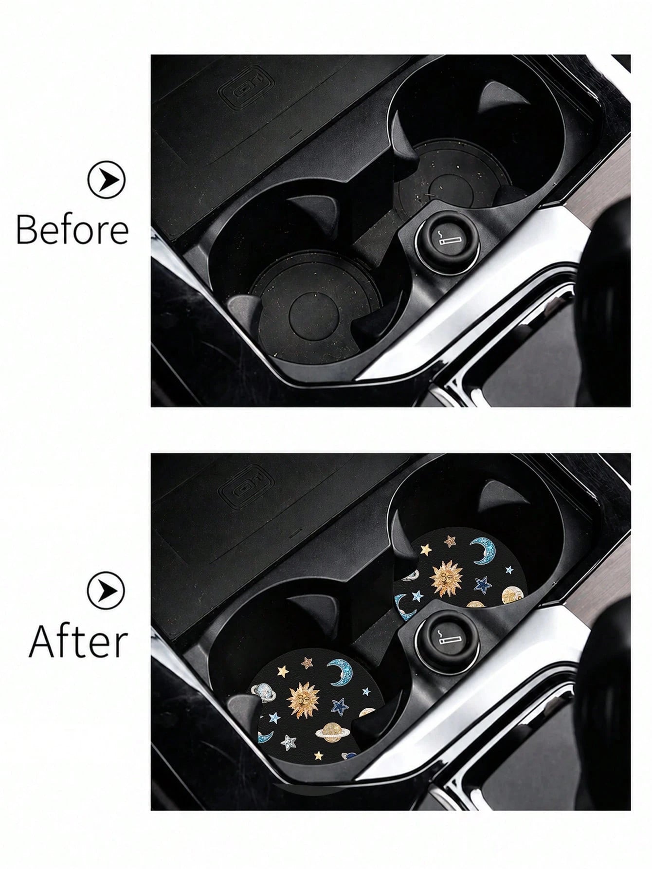 2pcs Star, Moon, Lily, Daisy Floral Print Leather Car Cup Holder Coasters, Non-Slip Round Cup Mat Design, Universal Car Cup Holder Liner, Easy To Clean Universal Car Cup Holder Liner, Suitable For Car