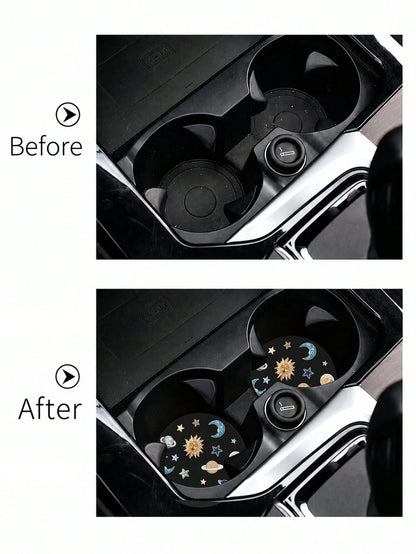 2pcs Star, Moon, Lily, Daisy Floral Print Leather Car Cup Holder Coasters, Non-Slip Round Cup Mat Design, Universal Car Cup Holder Liner, Easy To Clean Universal Car Cup Holder Liner, Suitable For Car