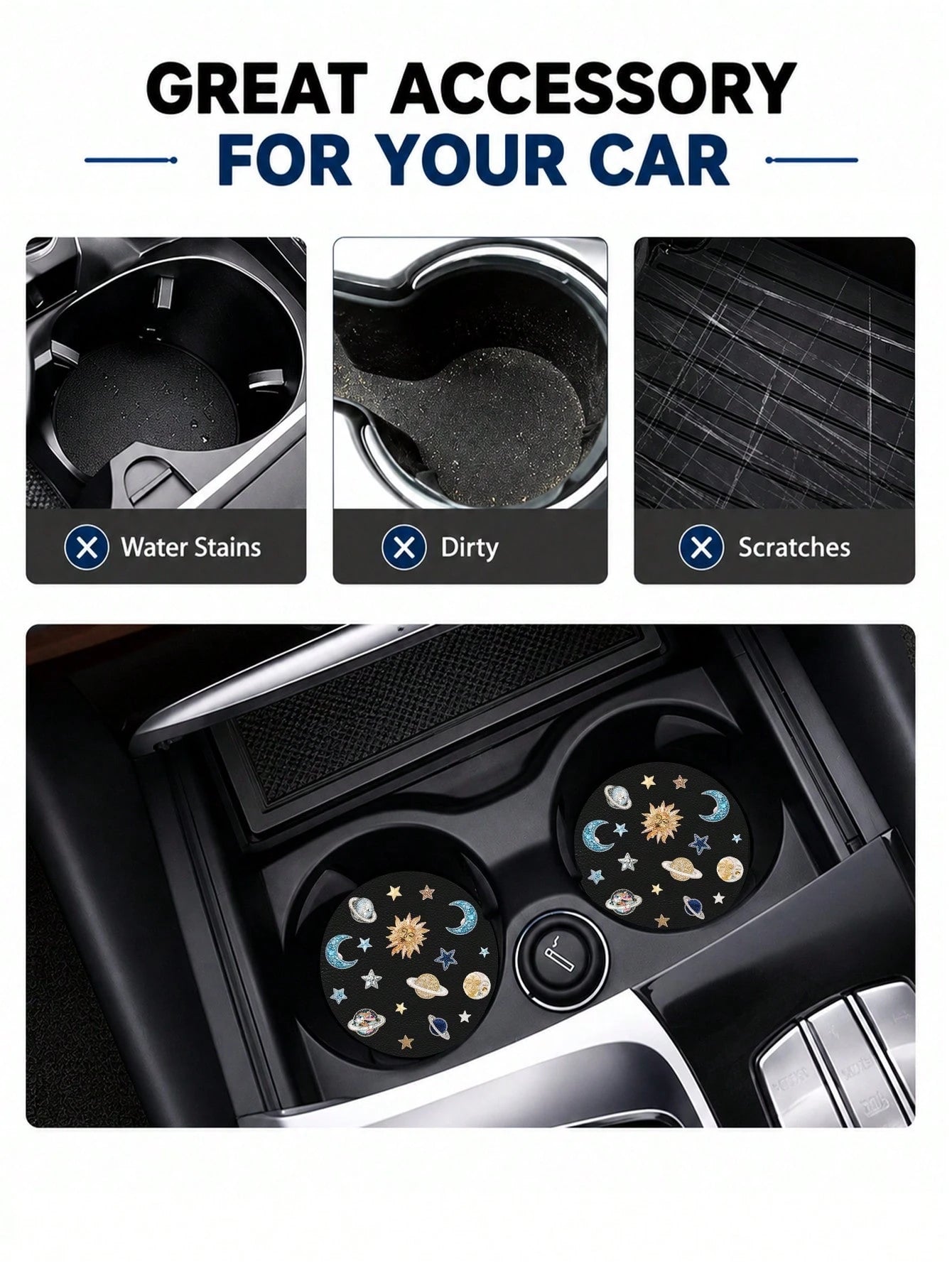2pcs Star, Moon, Lily, Daisy Floral Print Leather Car Cup Holder Coasters, Non-Slip Round Cup Mat Design, Universal Car Cup Holder Liner, Easy To Clean Universal Car Cup Holder Liner, Suitable For Car