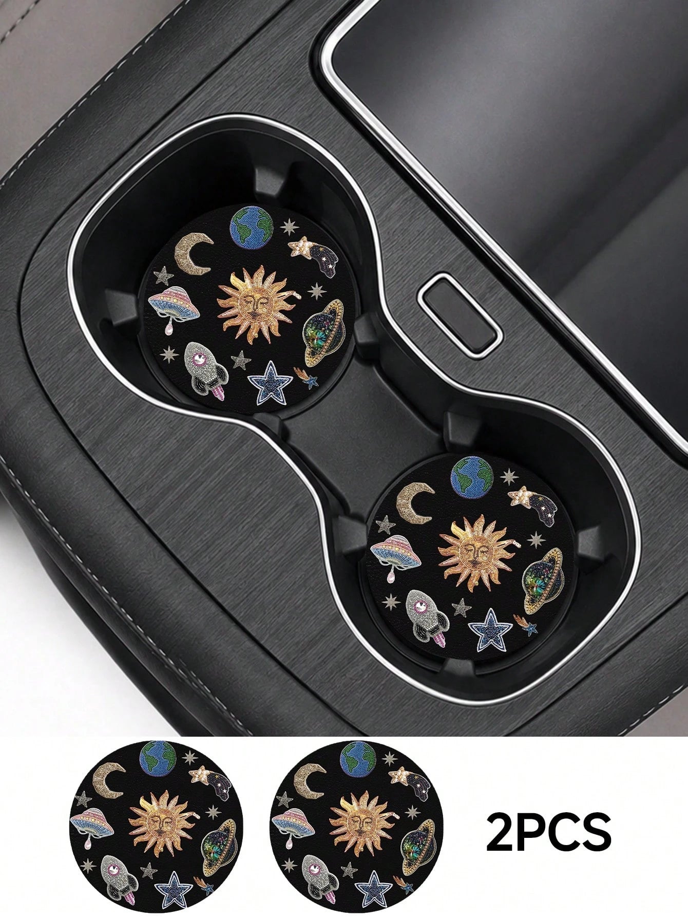 2pcs Star, Moon, Lily, Daisy Floral Print Leather Car Cup Holder Coasters, Non-Slip Round Cup Mat Design, Universal Car Cup Holder Liner, Easy To Clean Universal Car Cup Holder Liner, Suitable For Car