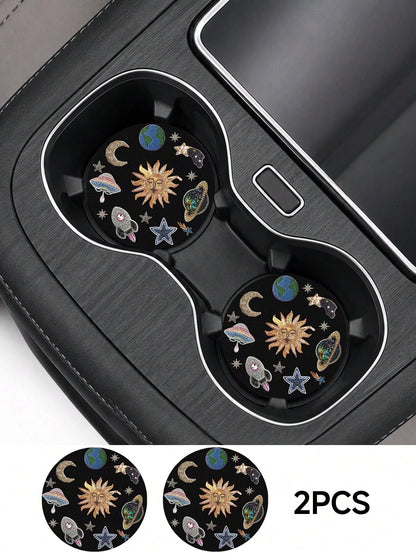 2pcs Star, Moon, Lily, Daisy Floral Print Leather Car Cup Holder Coasters, Non-Slip Round Cup Mat Design, Universal Car Cup Holder Liner, Easy To Clean Universal Car Cup Holder Liner, Suitable For Car