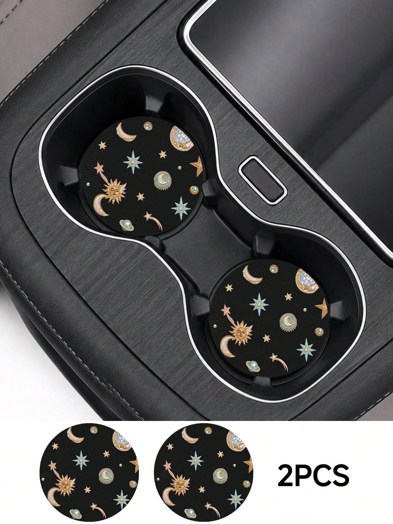 2pcs Star, Moon, Lily, Daisy Floral Print Leather Car Cup Holder Coasters, Non-Slip Round Cup Mat Design, Universal Car Cup Holder Liner, Easy To Clean Universal Car Cup Holder Liner, Suitable For Car