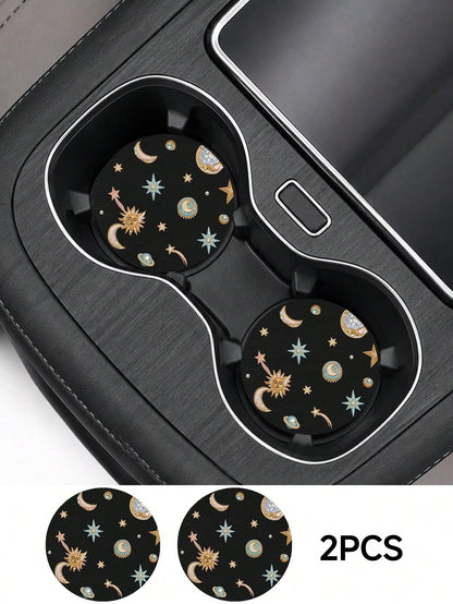 2pcs Star, Moon, Lily, Daisy Floral Print Leather Car Cup Holder Coasters, Non-Slip Round Cup Mat Design, Universal Car Cup Holder Liner, Easy To Clean Universal Car Cup Holder Liner, Suitable For Car