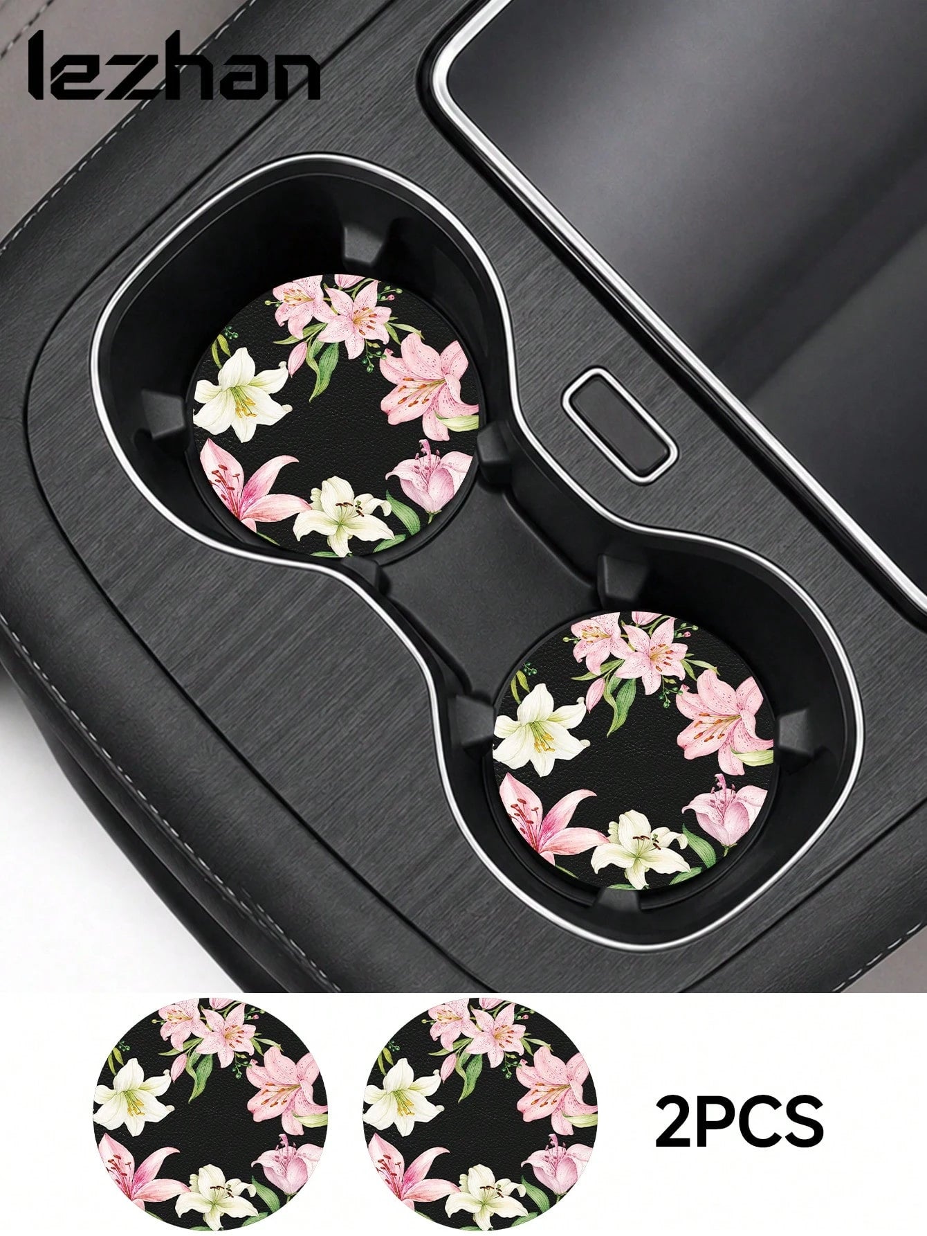 2pcs Star, Moon, Lily, Daisy Floral Print Leather Car Cup Holder Coasters, Non-Slip Round Cup Mat Design, Universal Car Cup Holder Liner, Easy To Clean Universal Car Cup Holder Liner, Suitable For Car