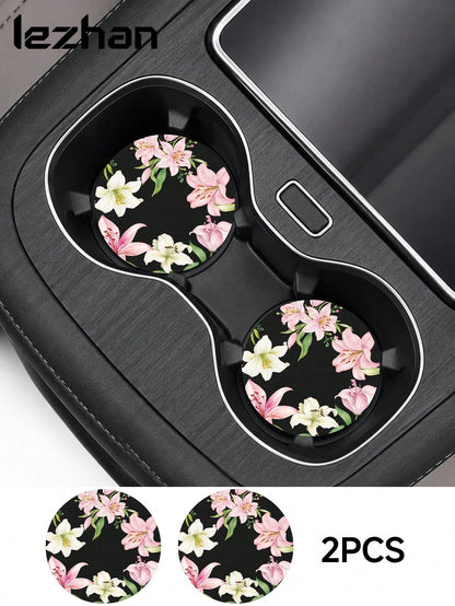 2pcs Star, Moon, Lily, Daisy Floral Print Leather Car Cup Holder Coasters, Non-Slip Round Cup Mat Design, Universal Car Cup Holder Liner, Easy To Clean Universal Car Cup Holder Liner, Suitable For Car