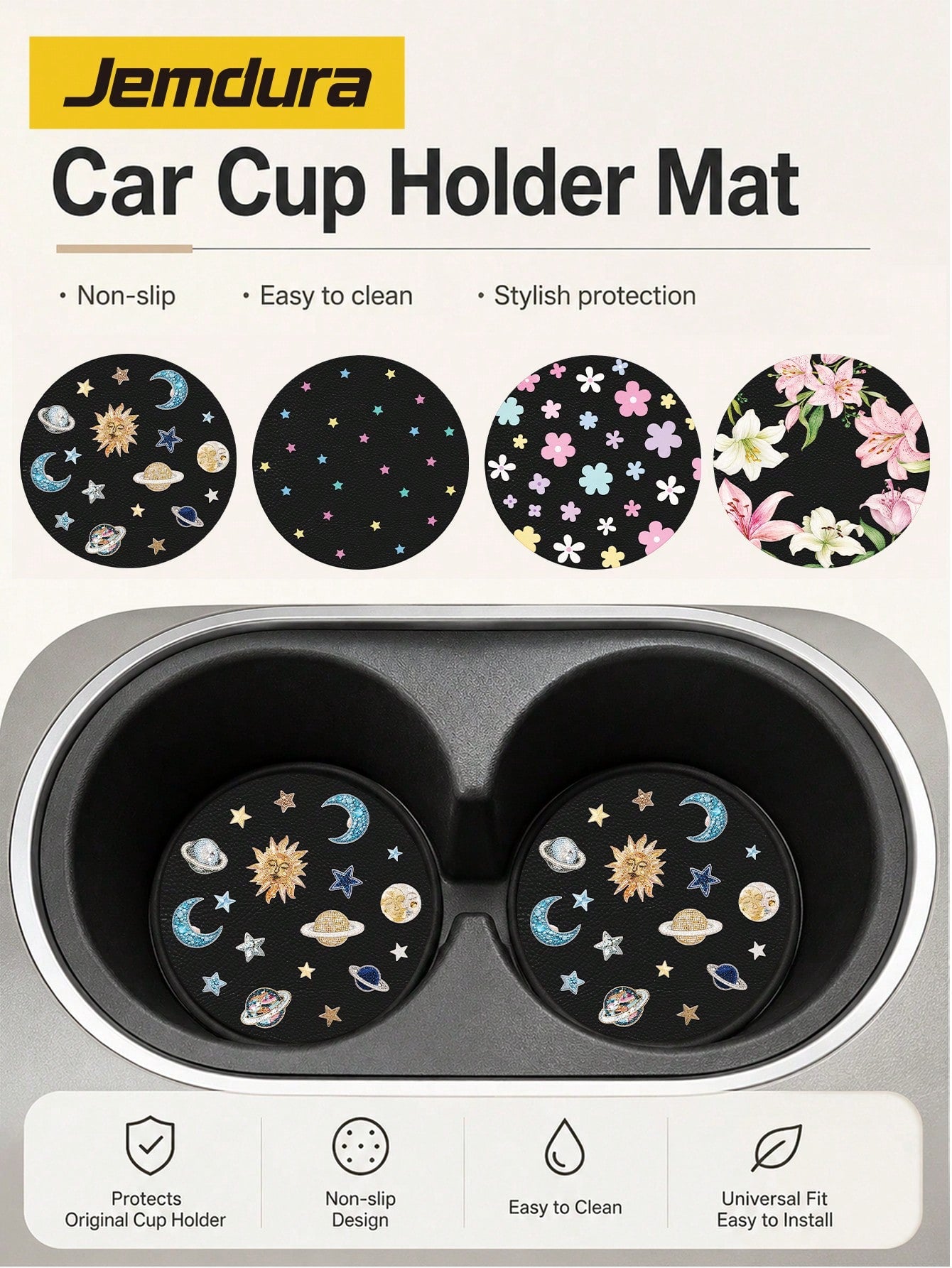 2pcs Star, Moon, Lily, Daisy Floral Print Leather Car Cup Holder Coasters, Non-Slip Round Cup Mat Design, Universal Car Cup Holder Liner, Easy To Clean Universal Car Cup Holder Liner, Suitable For Car