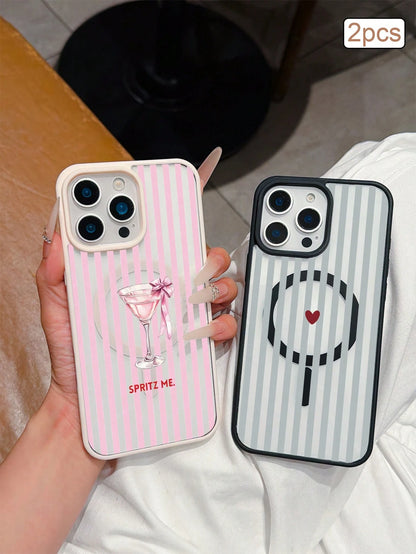2pcs Striped Print Magnetic Matte TPU Shockproof Full Coverage Protective Phone Case Compatible With Apple 11/12/13/14/15/16/17 Pro Max