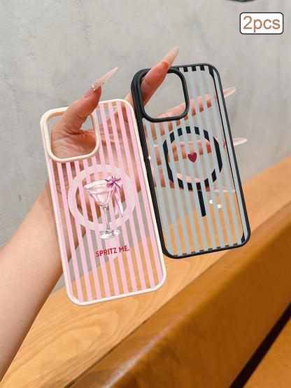 2pcs Striped Print Magnetic Matte TPU Shockproof Full Coverage Protective Phone Case Compatible With Apple 11/12/13/14/15/16/17 Pro Max