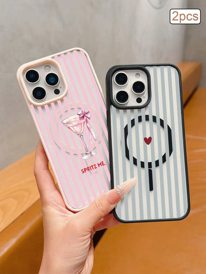 2pcs Striped Print Magnetic Matte TPU Shockproof Full Coverage Protective Phone Case Compatible With Apple 11/12/13/14/15/16/17 Pro Max
