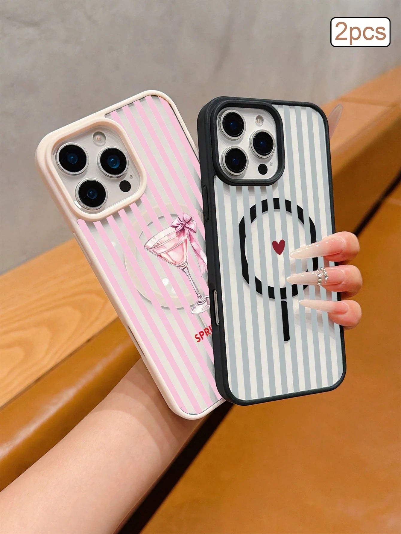 2pcs Striped Print Magnetic Matte TPU Shockproof Full Coverage Protective Phone Case Compatible With Apple 11/12/13/14/15/16/17 Pro Max