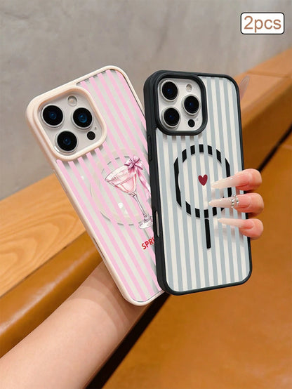 2pcs Striped Print Magnetic Matte TPU Shockproof Full Coverage Protective Phone Case Compatible With Apple 11/12/13/14/15/16/17 Pro Max