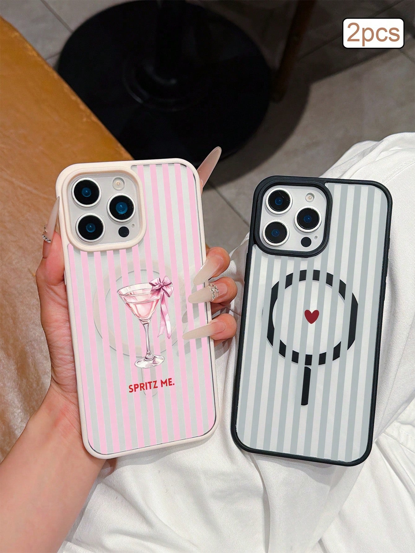 2pcs Striped Print Magnetic Matte TPU Shockproof Full Coverage Protective Phone Case Compatible With Apple 11/12/13/14/15/16/17 Pro Max