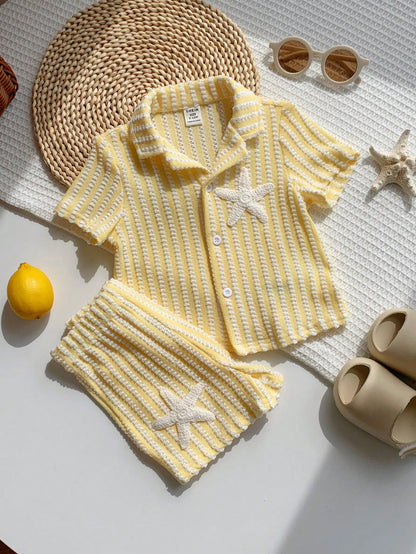 2pcs Unisex Baby Boy/Girl Casual Cute Striped Short Sleeve Shirt And Shorts Set, Baby Boy Outfit Sets, Baby Boy Summer Clothes