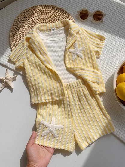 2pcs Unisex Baby Boy/Girl Casual Cute Striped Short Sleeve Shirt And Shorts Set, Baby Boy Outfit Sets, Baby Boy Summer Clothes